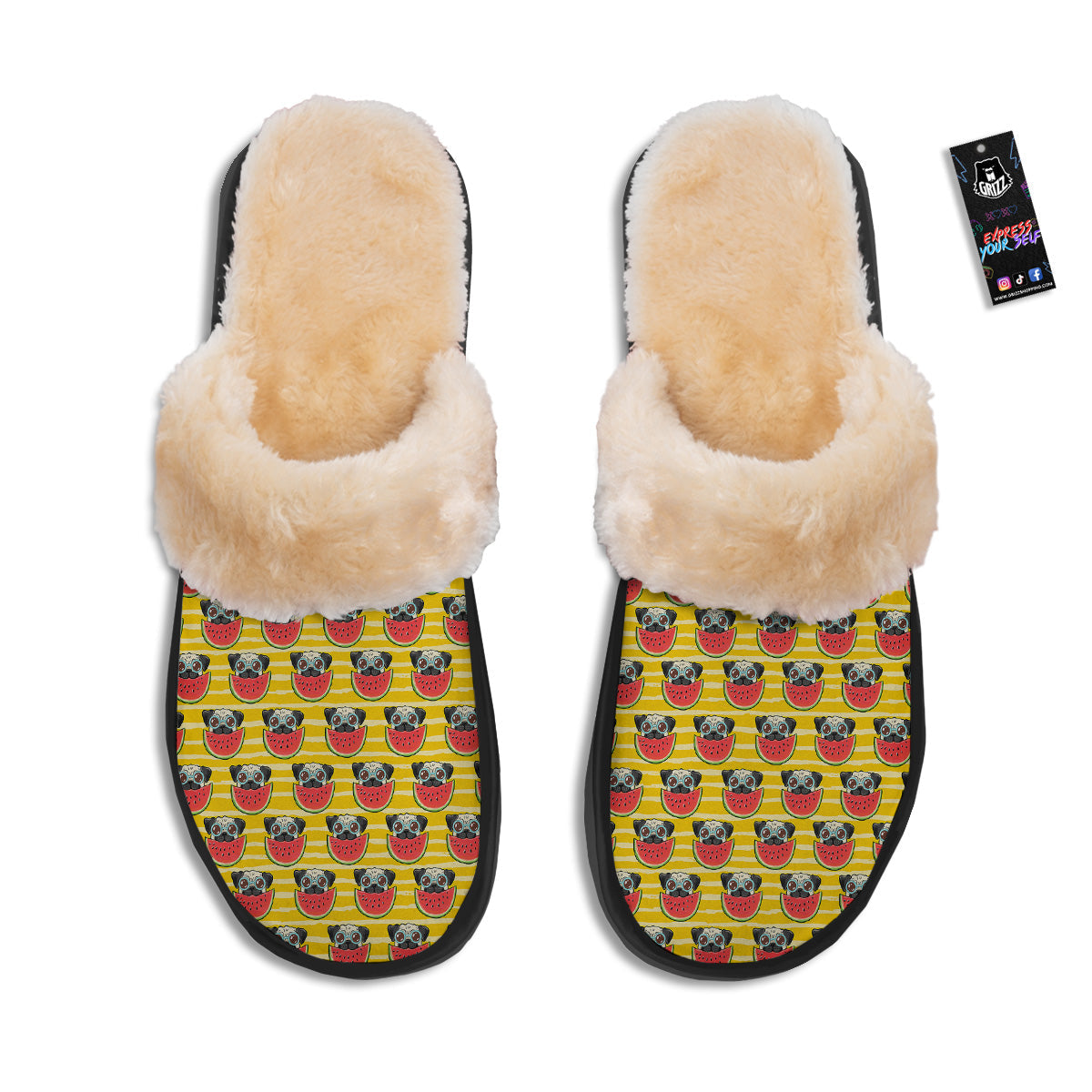 Yellow Striped Pug Dog Print Pattern Slippers-grizzshop