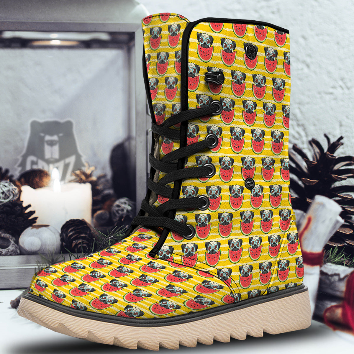 Yellow Striped Pug Dog Print Pattern Snow Boots-grizzshop