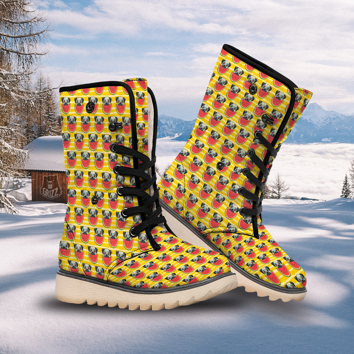 Yellow Striped Pug Dog Print Pattern Snow Boots-grizzshop