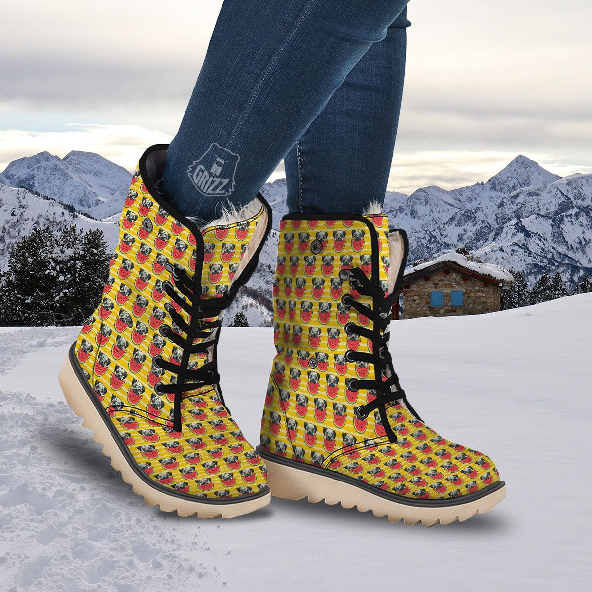 Yellow Striped Pug Dog Print Pattern Snow Boots-grizzshop