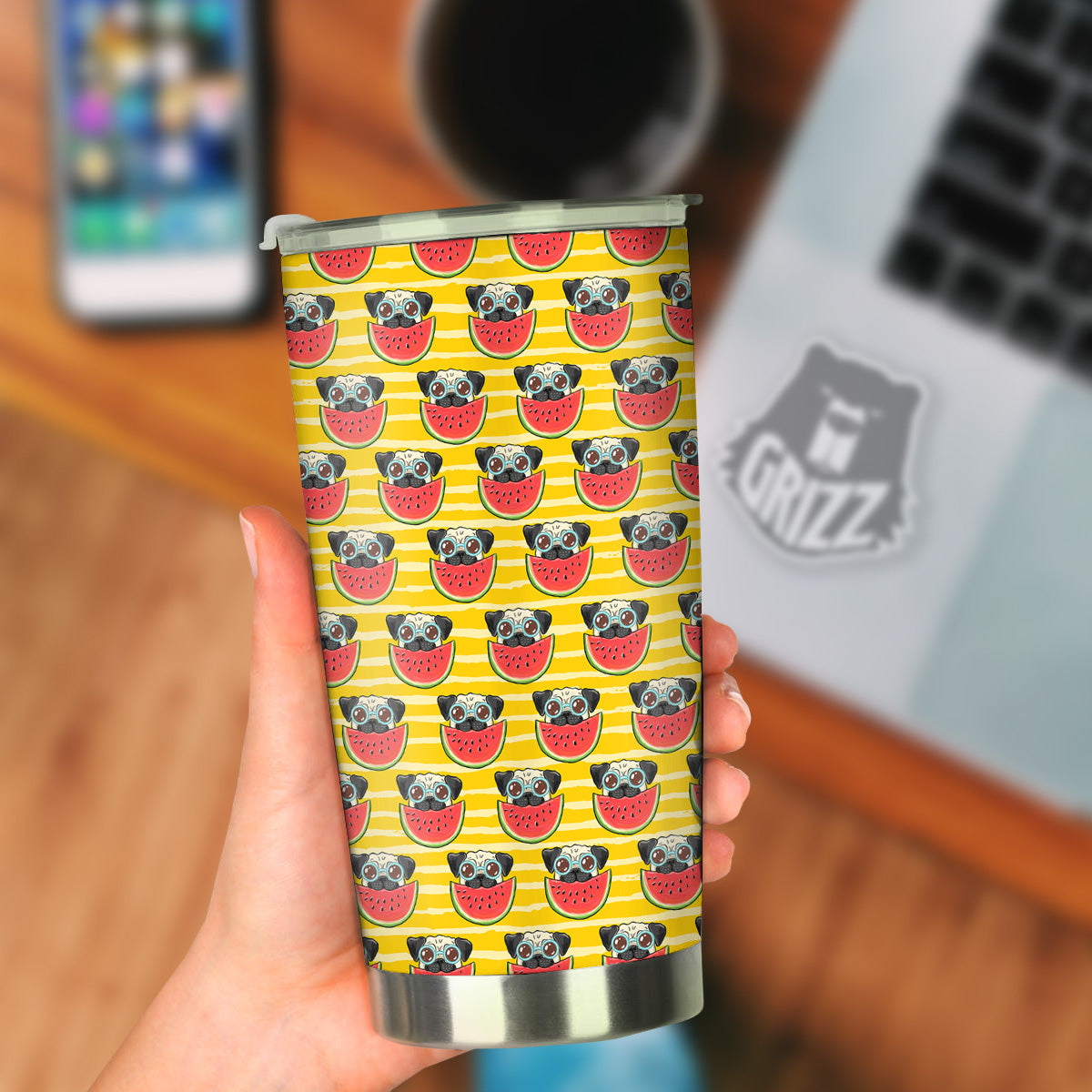 Yellow Striped Pug Dog Print Pattern Tumbler-grizzshop