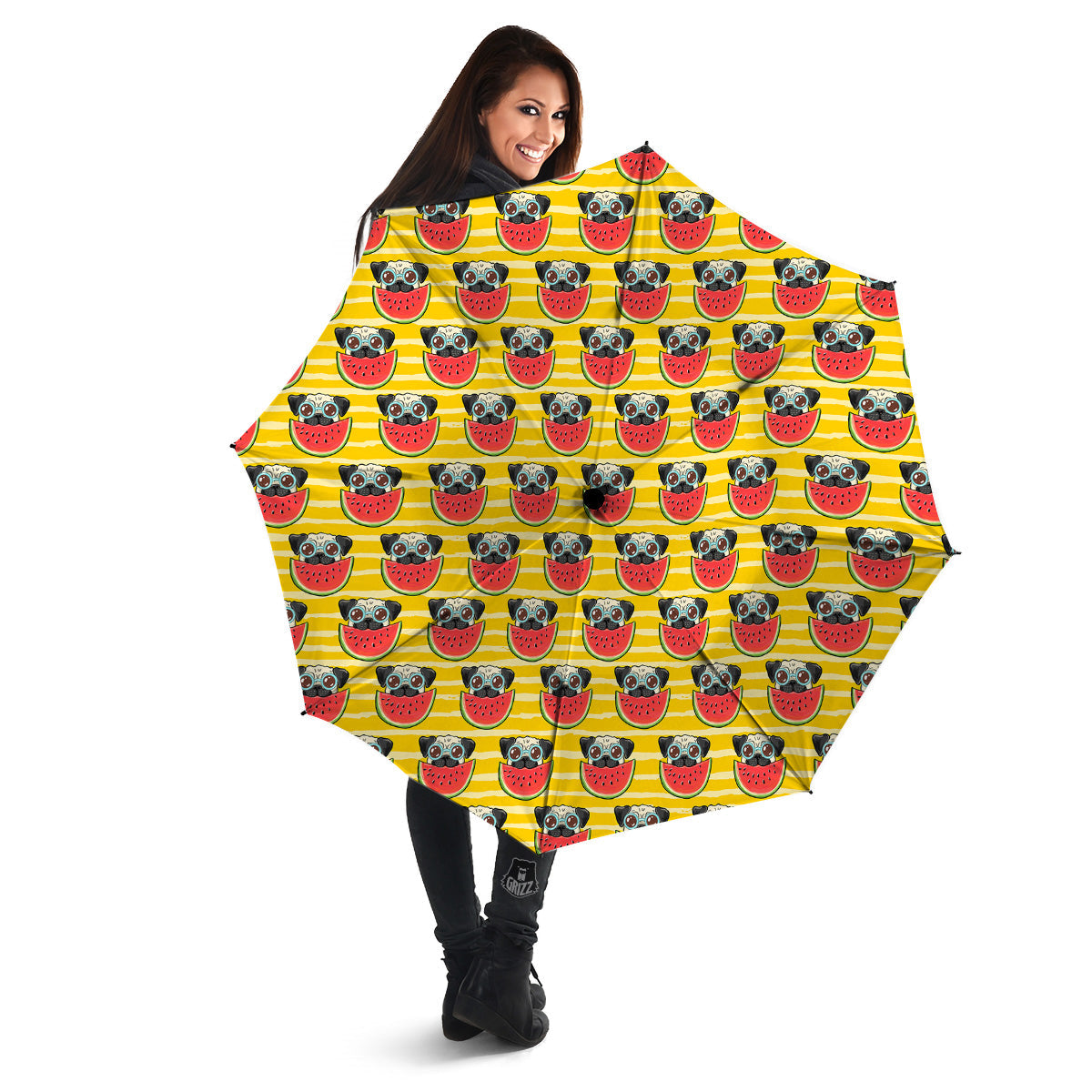 Yellow Striped Pug Dog Print Pattern Umbrella-grizzshop