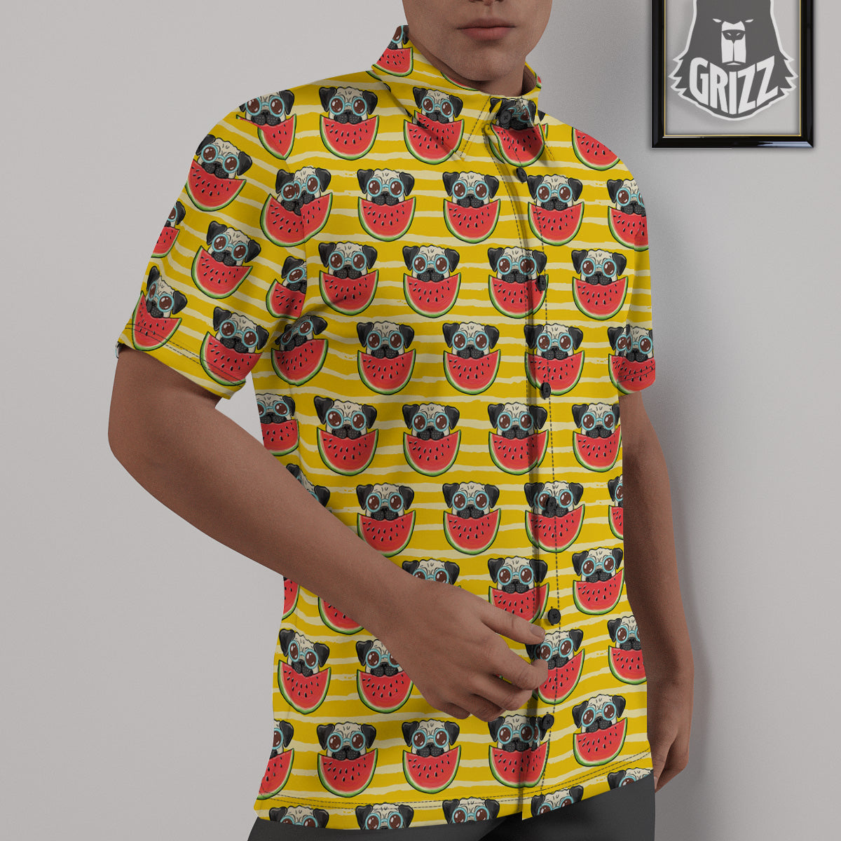 Yellow Striped Pug Dog Print Pattern Untucked Shirts-grizzshop