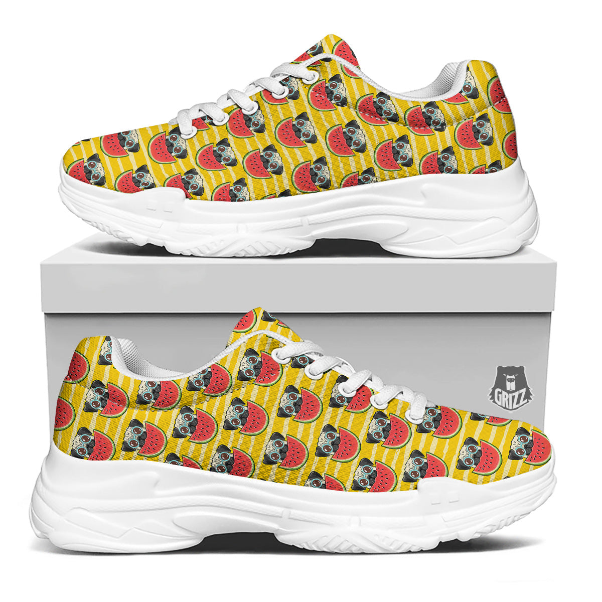 Yellow Striped Pug Dog Print Pattern White Chunky Shoes-grizzshop