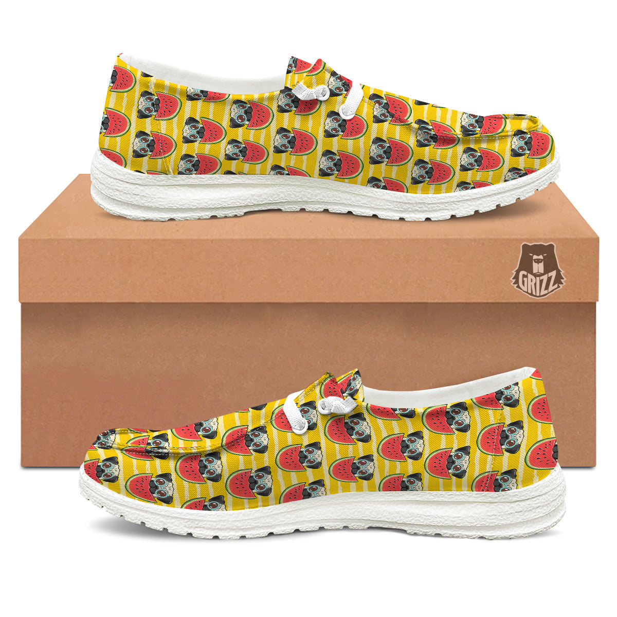 Yellow Striped Pug Dog Print Pattern White Loafers-grizzshop