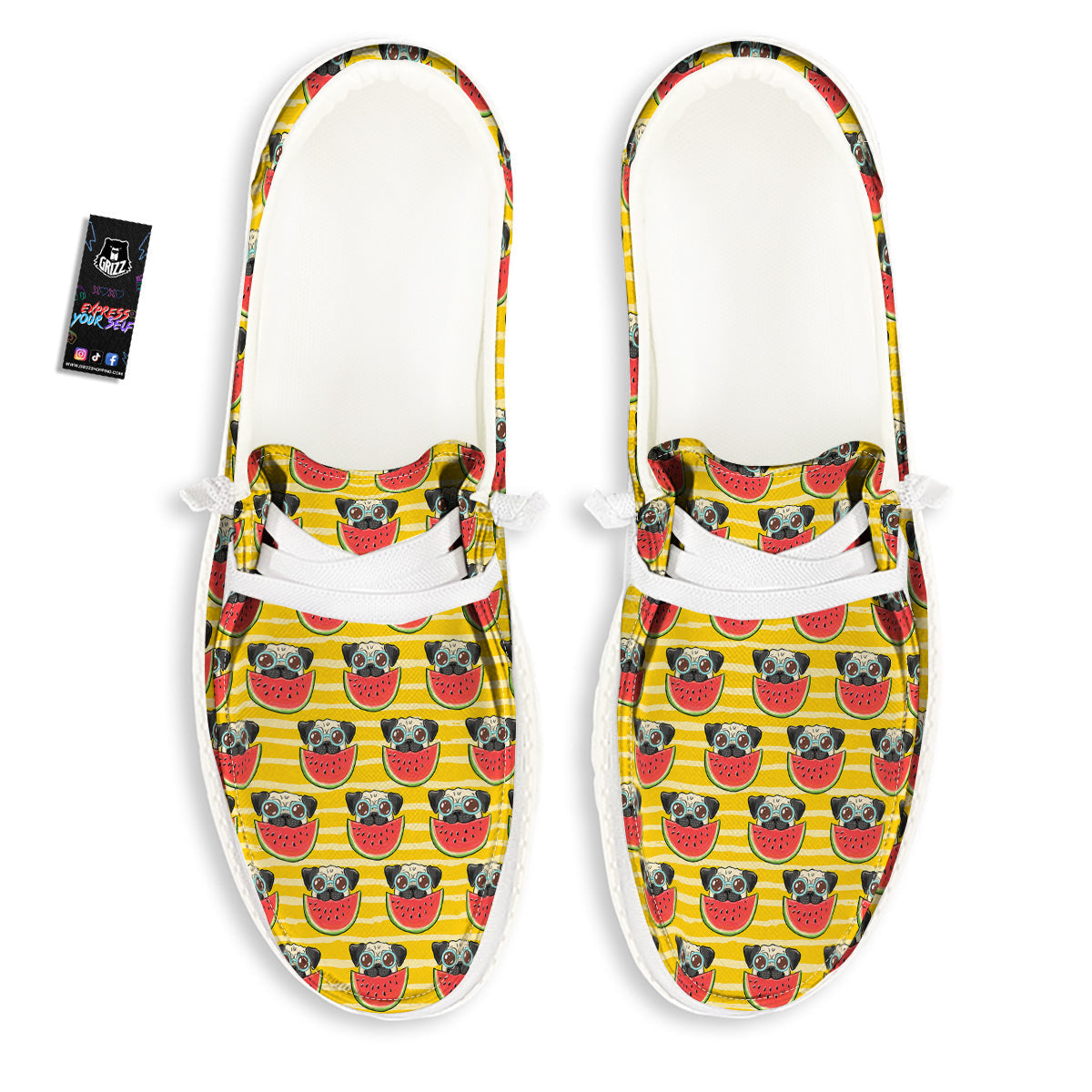 Yellow Striped Pug Dog Print Pattern White Loafers-grizzshop