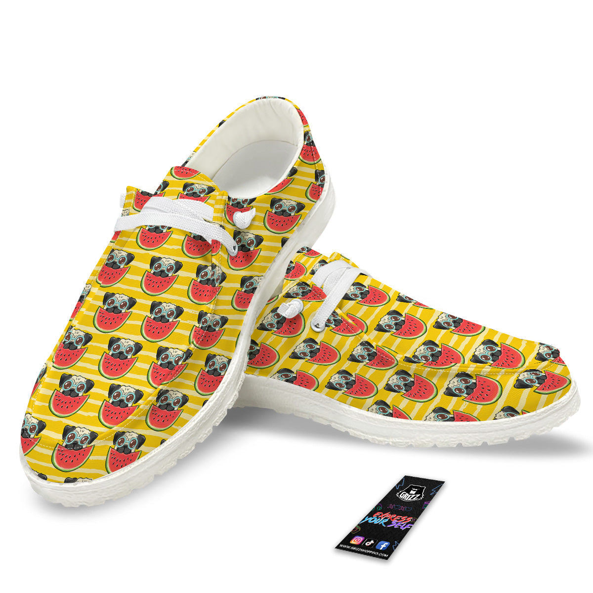 Yellow Striped Pug Dog Print Pattern White Loafers-grizzshop