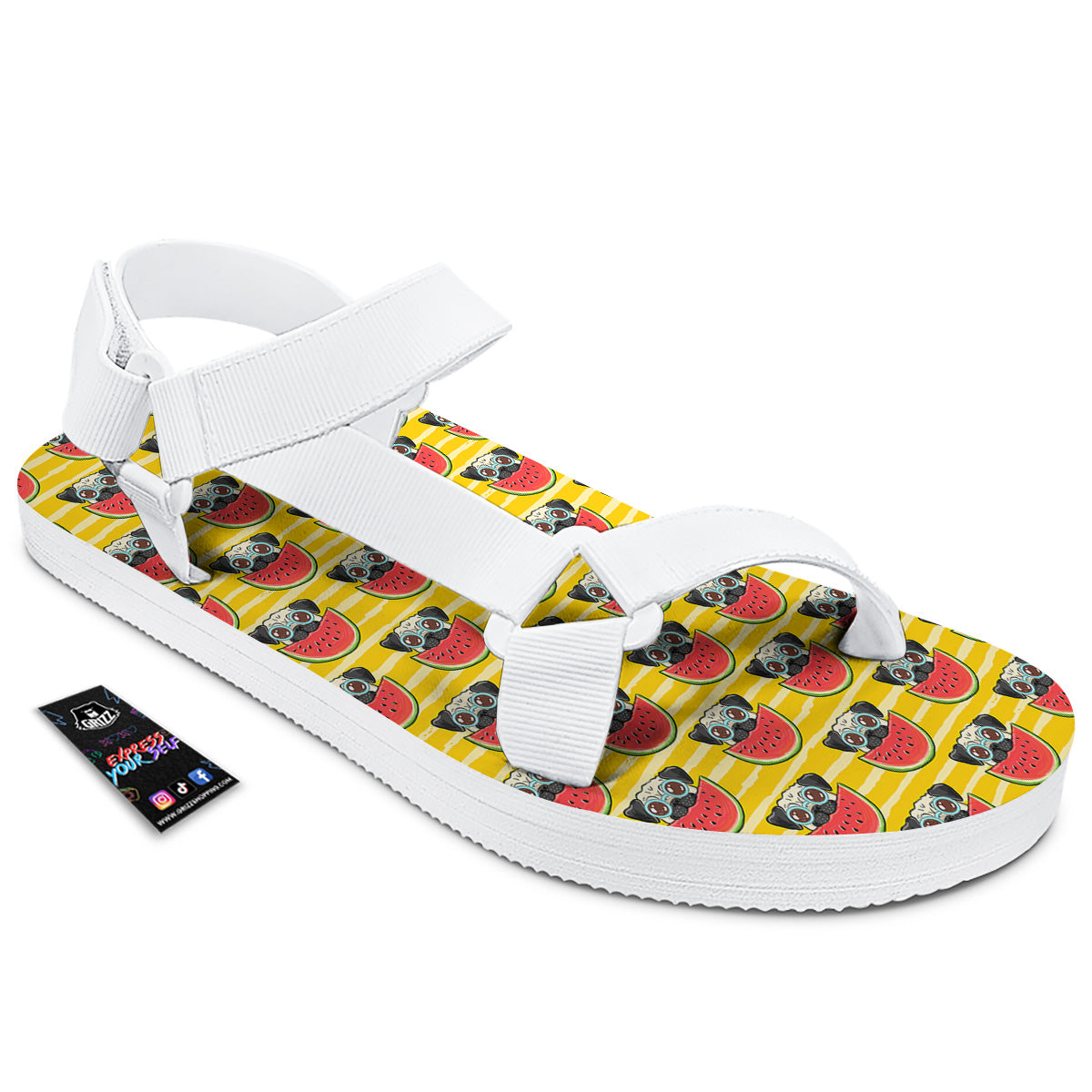 Yellow Striped Pug Dog Print Pattern White Open Toe Sandals-grizzshop