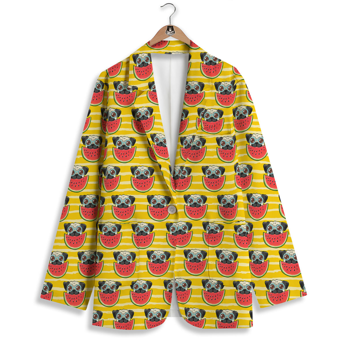 Yellow Striped Pug Dog Print Pattern Women's Blazer-grizzshop