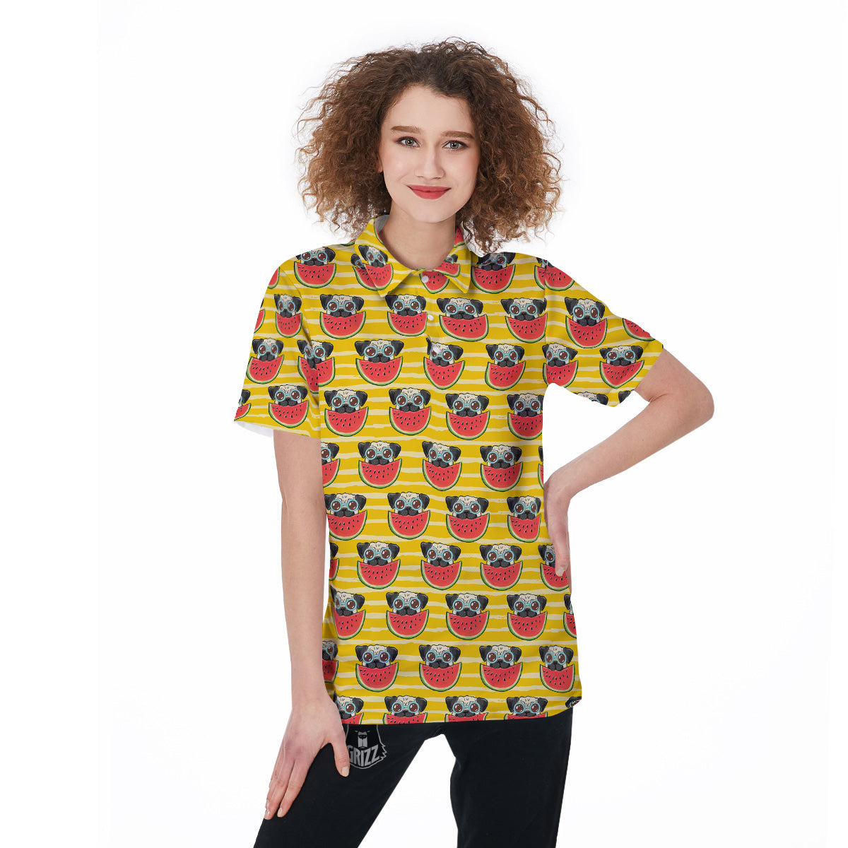 Yellow Striped Pug Dog Print Pattern Women's Golf Shirts-grizzshop