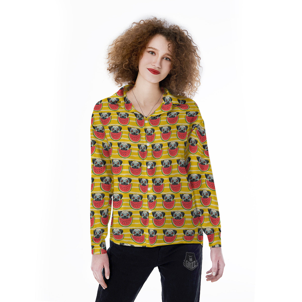 Yellow Striped Pug Dog Print Pattern Women's Long Sleeve Shirts-grizzshop