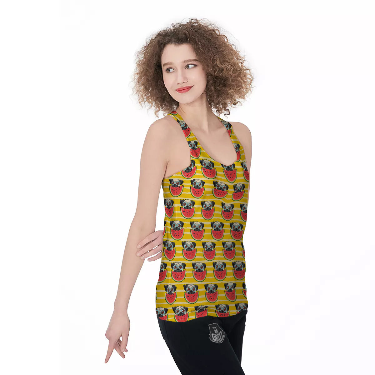 Yellow Striped Pug Dog Print Pattern Women's Racerback Tank Top-grizzshop