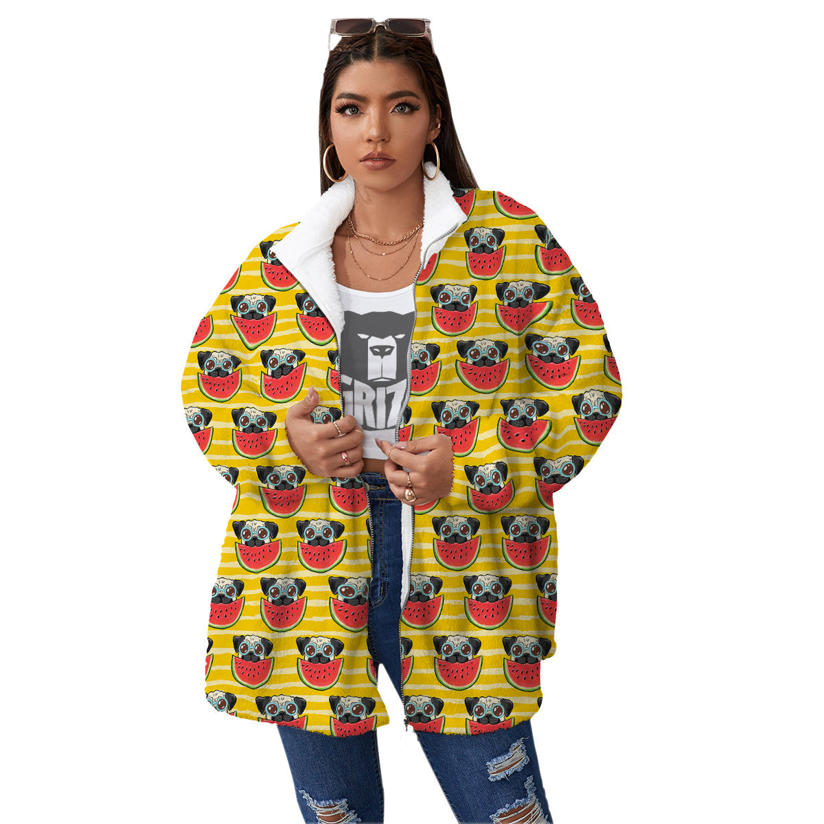 Yellow Striped Pug Dog Print Pattern Women's Sherpa Jacket-grizzshop