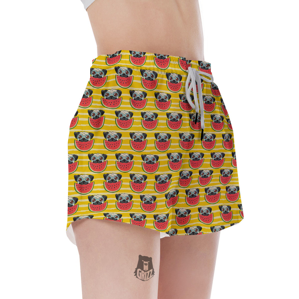 Yellow Striped Pug Dog Print Pattern Women's Shorts-grizzshop