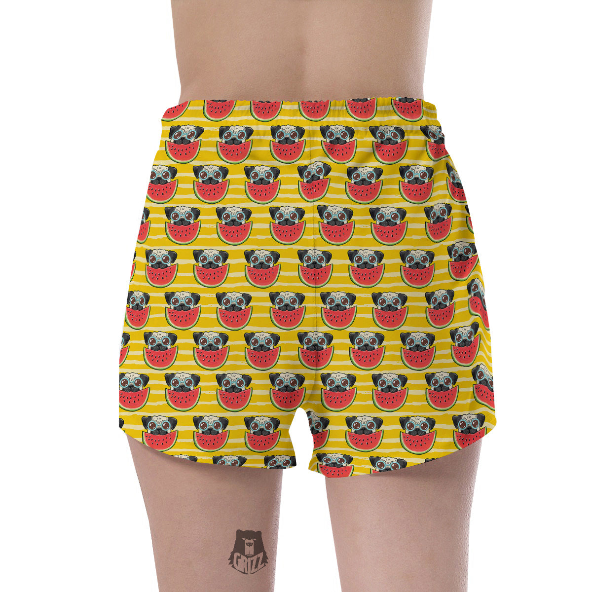 Yellow Striped Pug Dog Print Pattern Women's Shorts-grizzshop