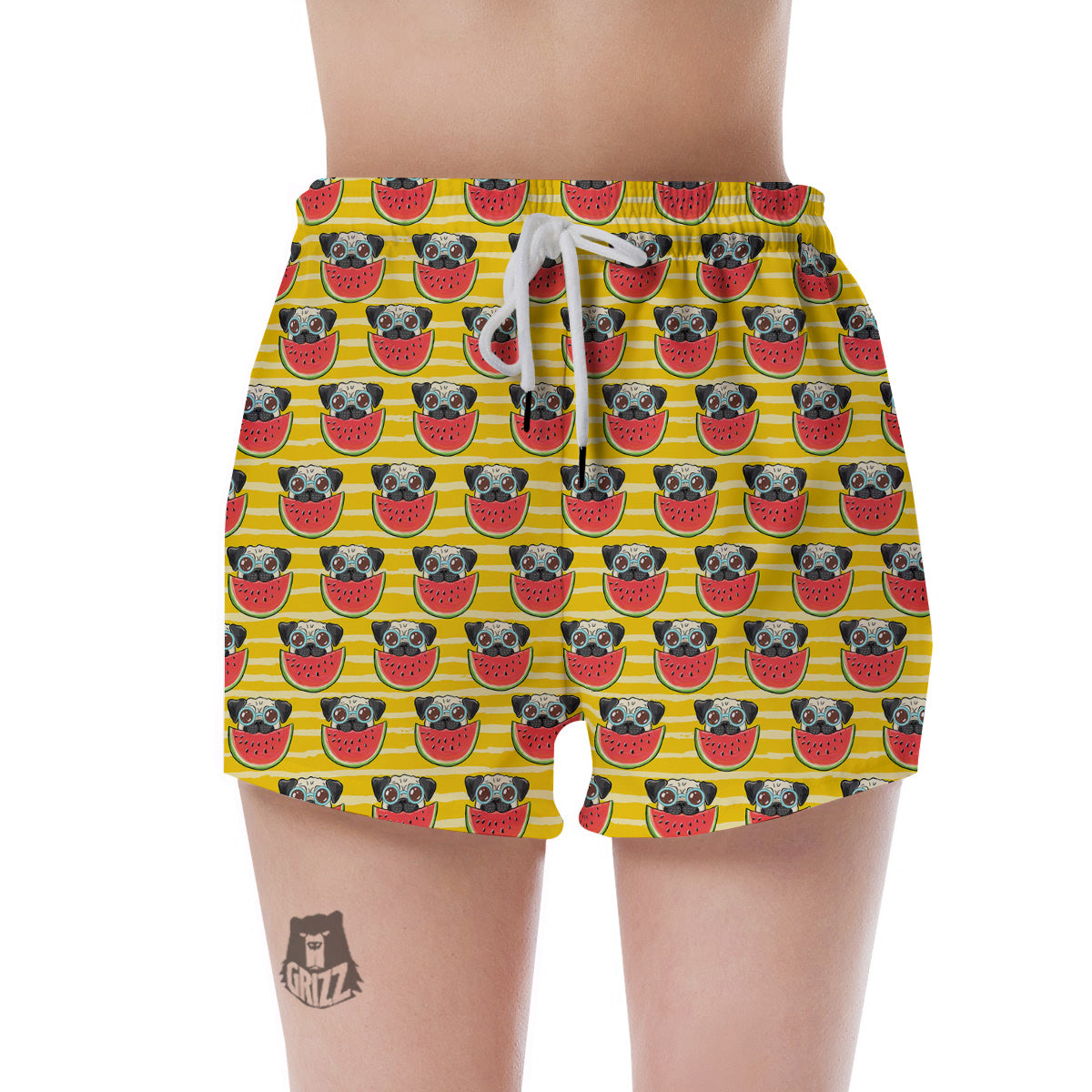 Yellow Striped Pug Dog Print Pattern Women's Shorts-grizzshop