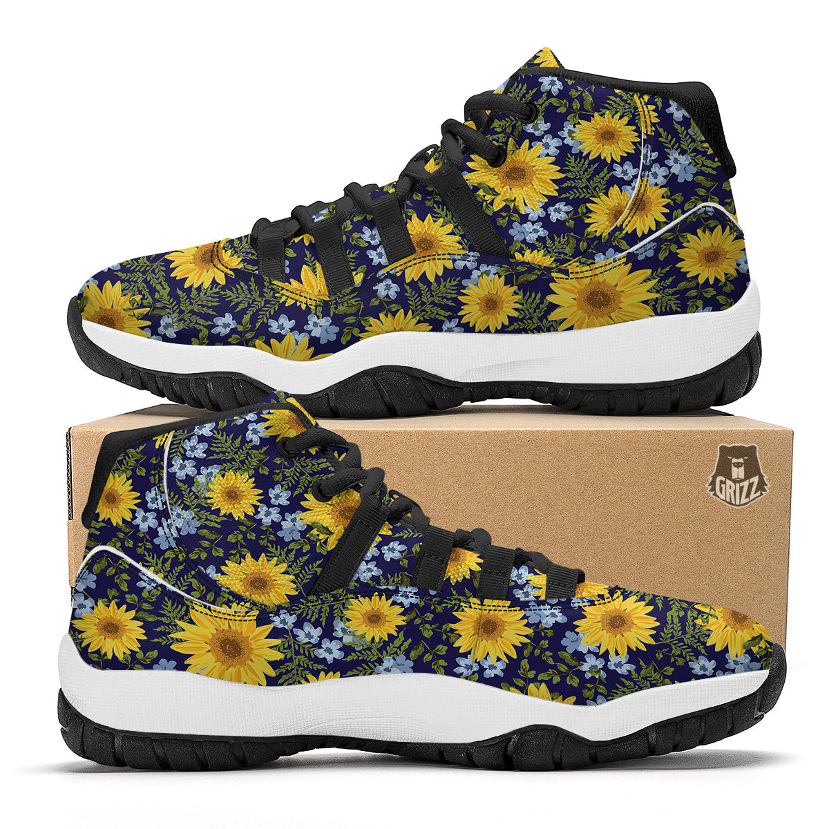 Yellow Sunflower Floral Print Black Bball Shoes-grizzshop