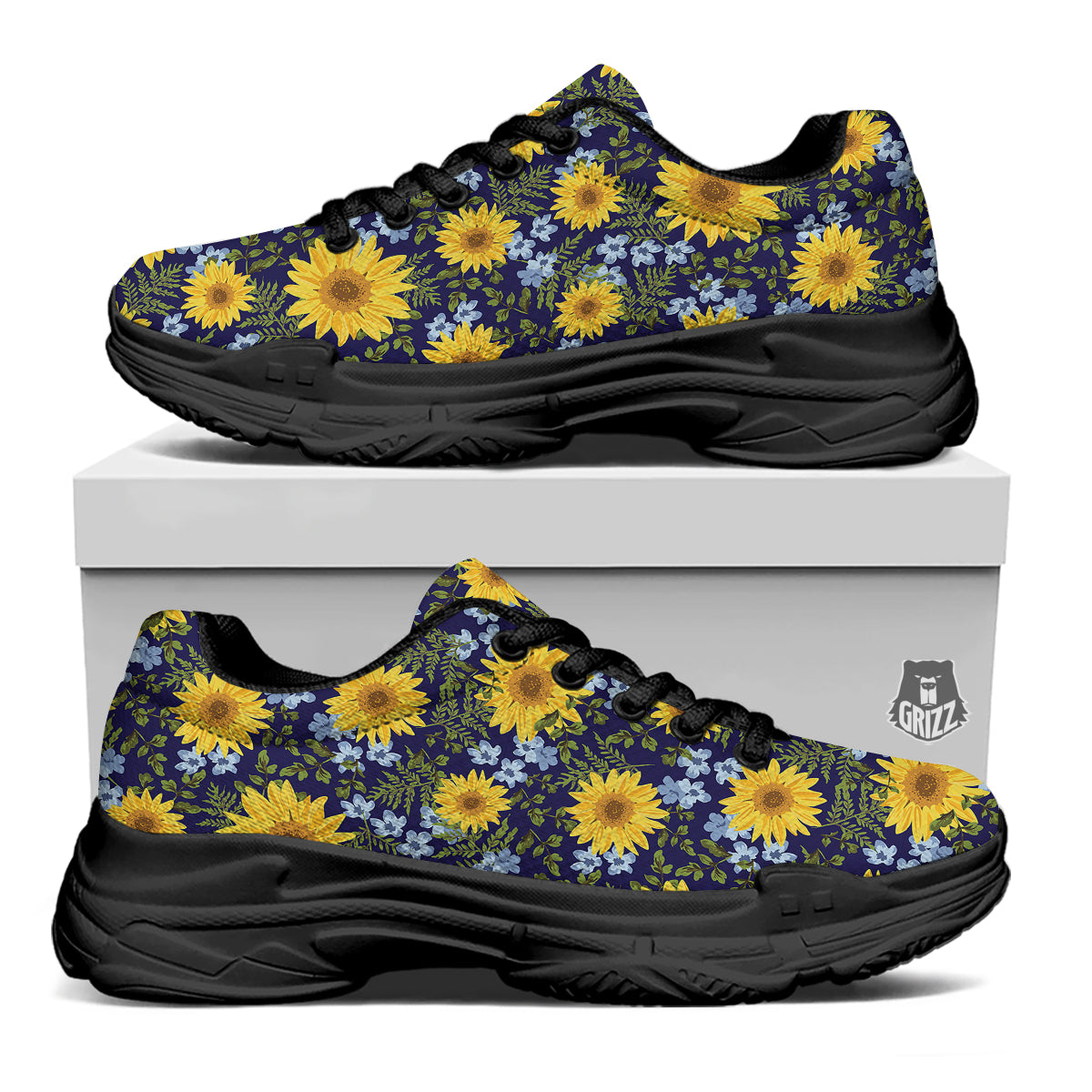 Yellow Sunflower Floral Print Black Chunky Shoes-grizzshop