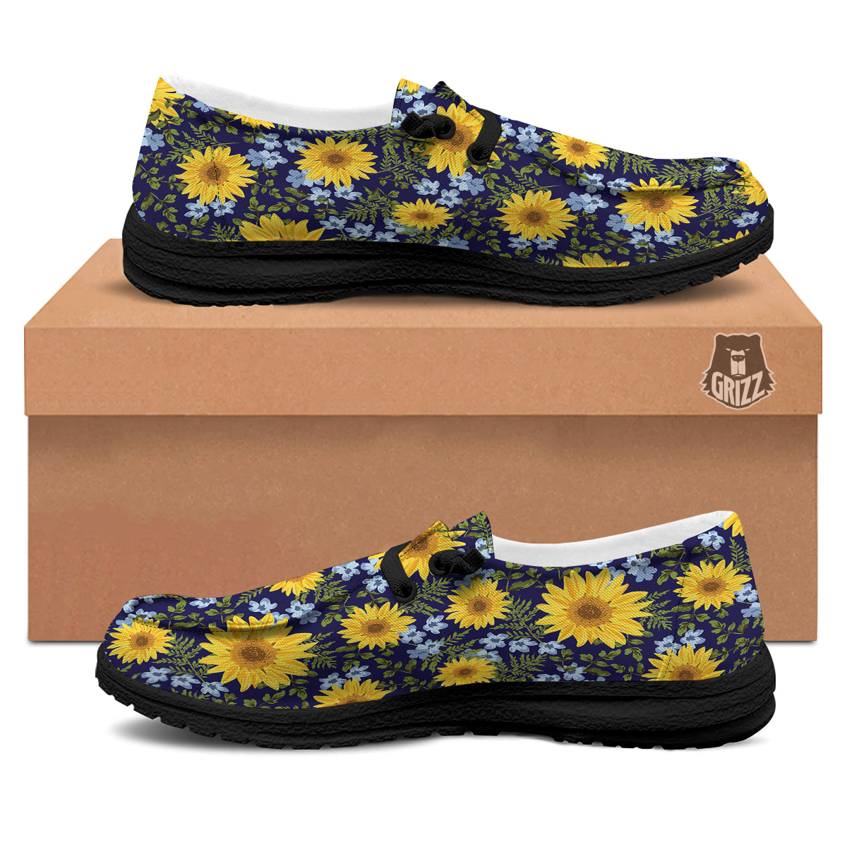 Yellow Sunflower Floral Print Black Loafers-grizzshop