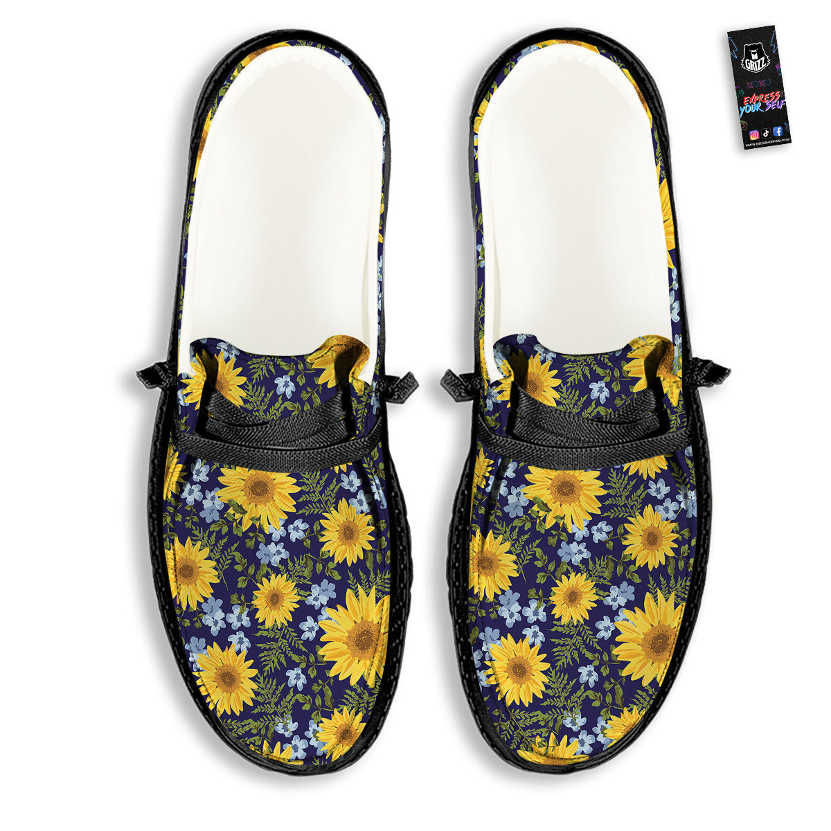 Yellow Sunflower Floral Print Black Loafers-grizzshop