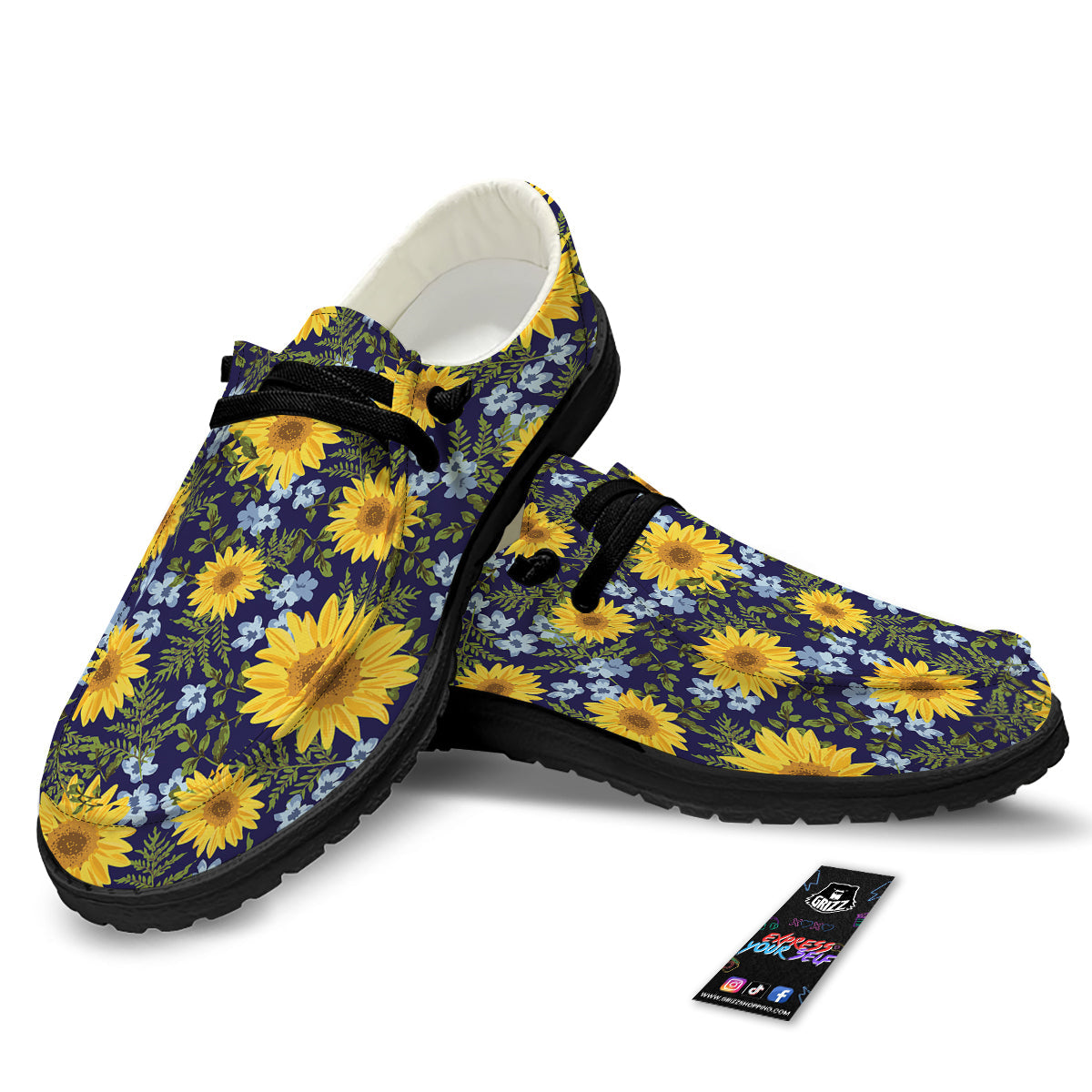 Yellow Sunflower Floral Print Black Loafers-grizzshop