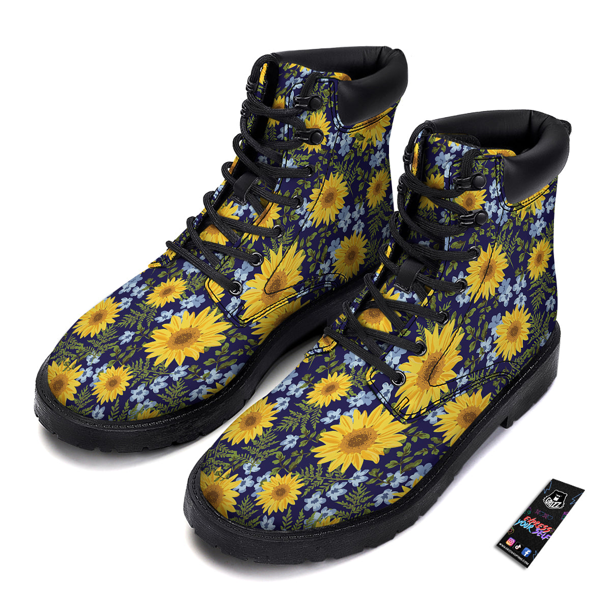 Yellow Sunflower Floral Print Boots-grizzshop