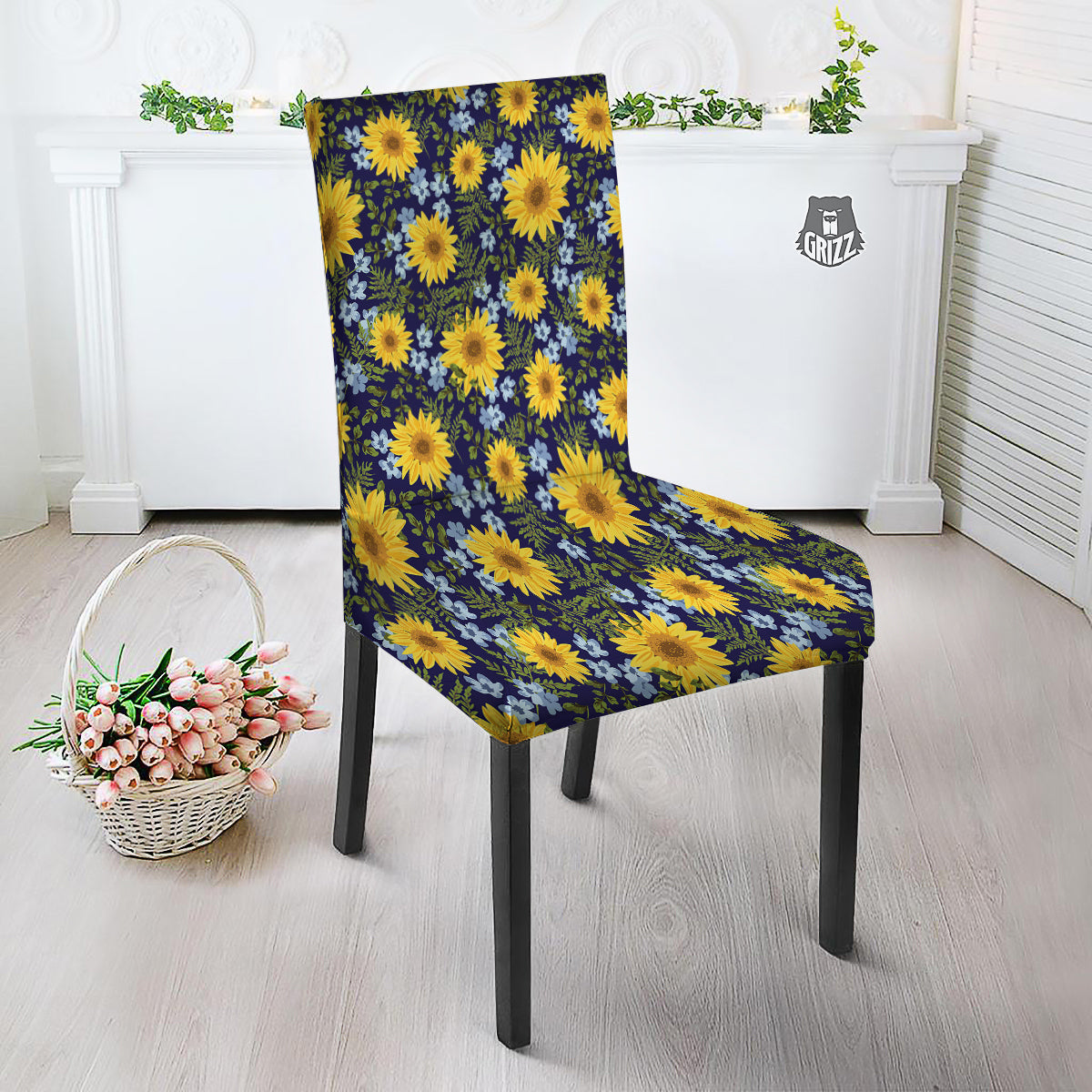 Yellow Sunflower Floral Print Dining Chair Slipcover-grizzshop