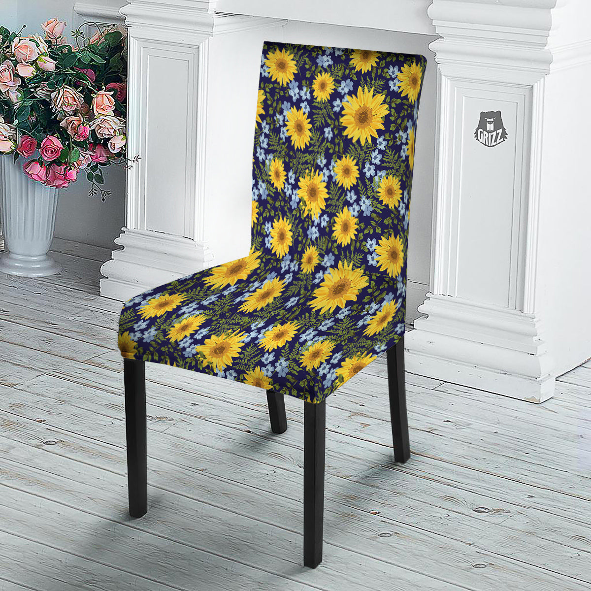 Yellow Sunflower Floral Print Dining Chair Slipcover-grizzshop