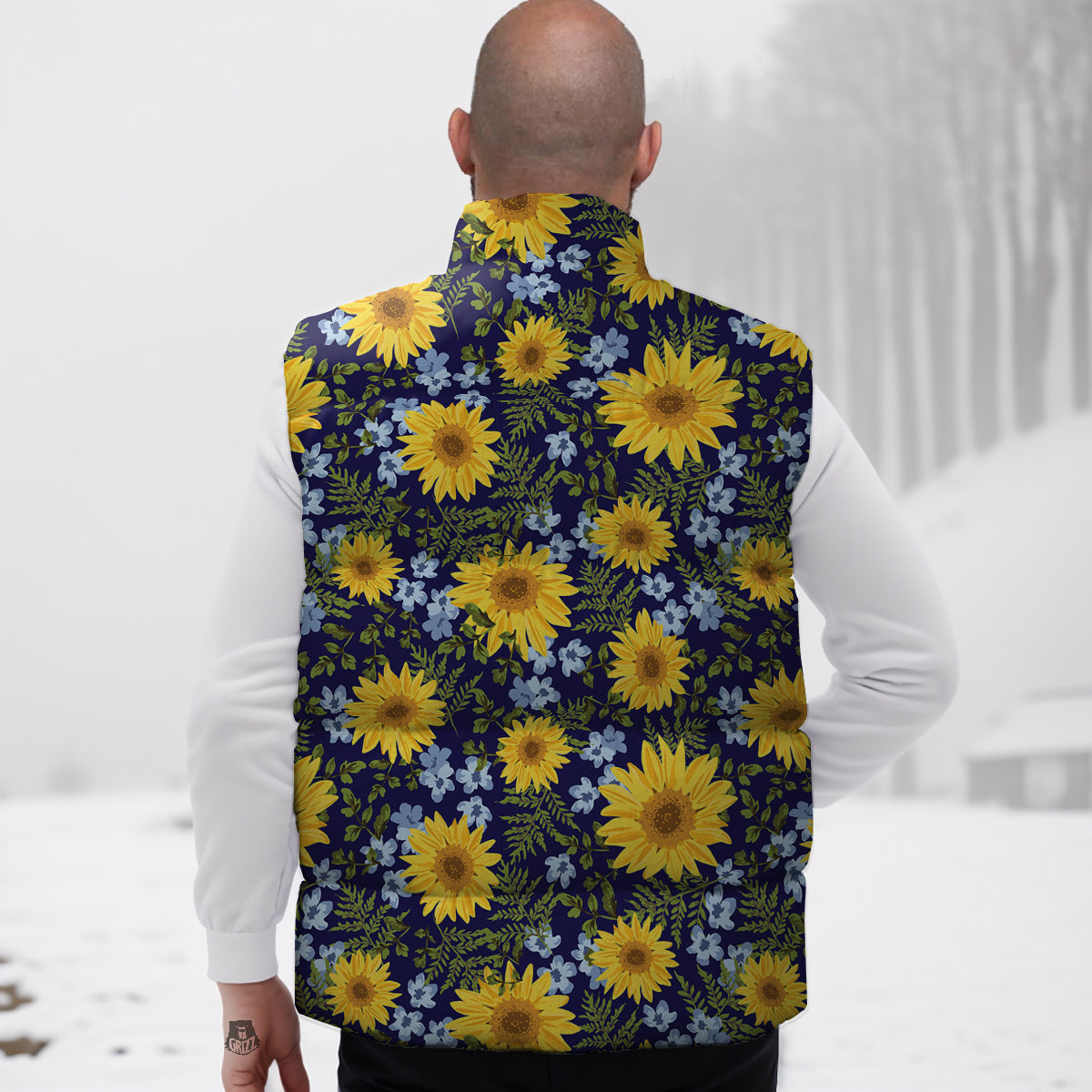 Yellow Sunflower Floral Print Down Vest