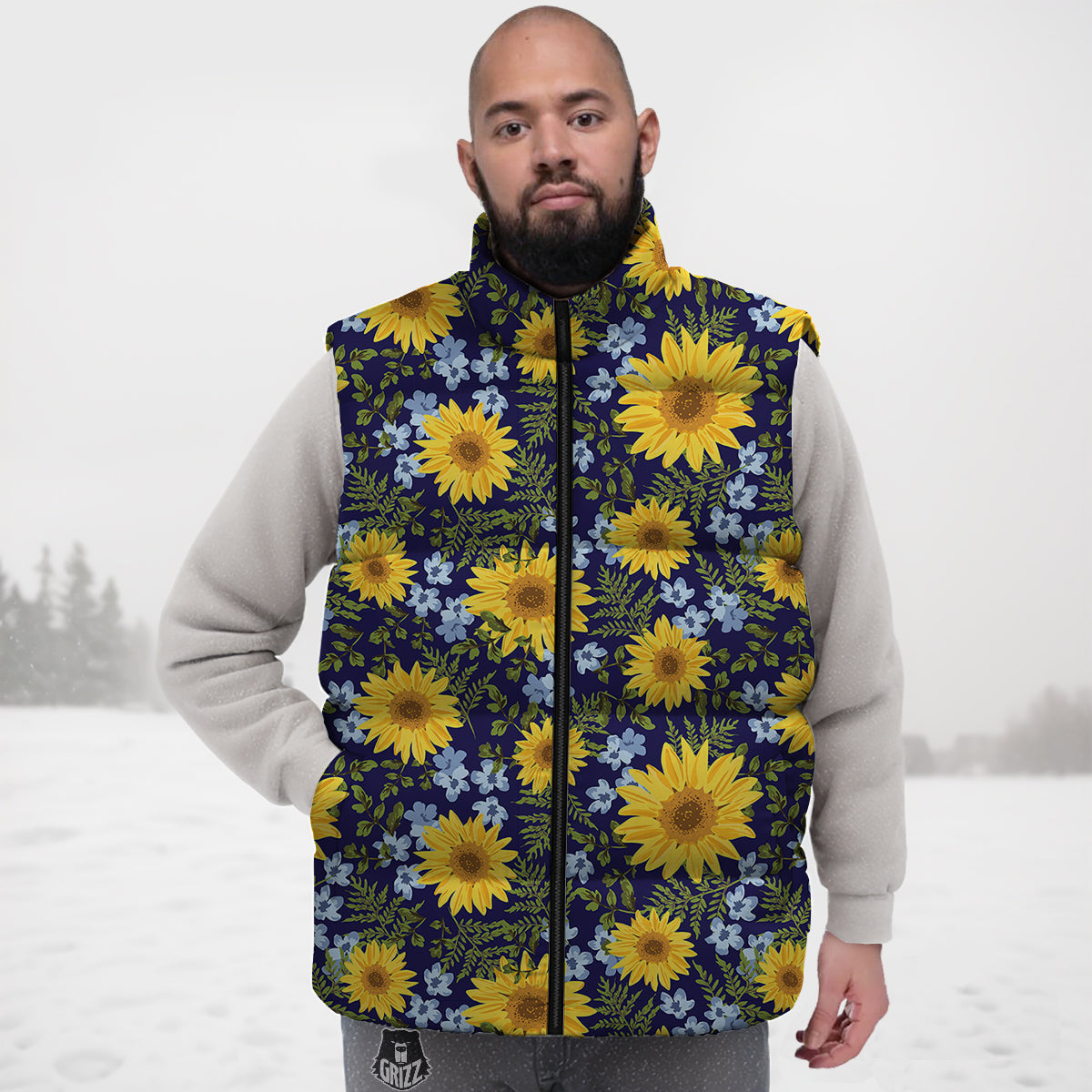 Yellow Sunflower Floral Print Down Vest