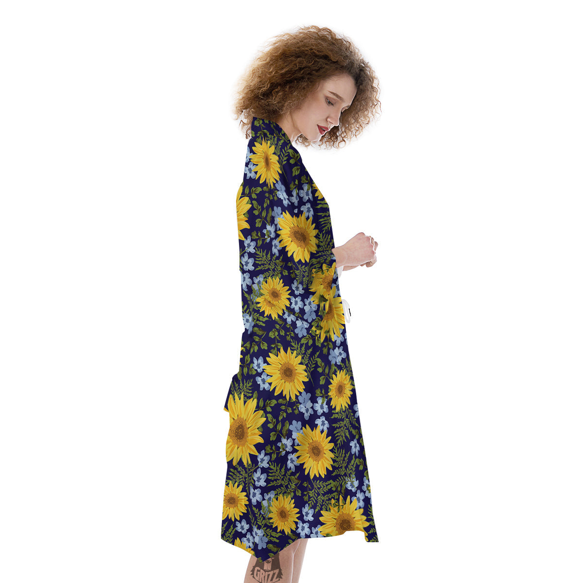 Yellow Sunflower Floral Print Kimono-grizzshop