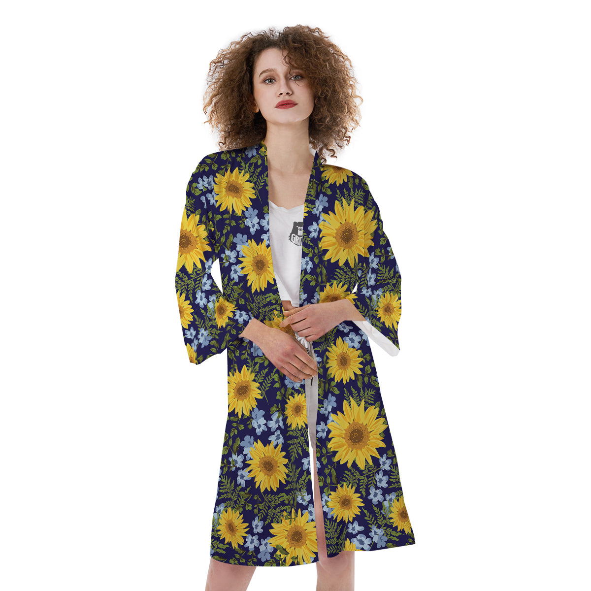 Yellow Sunflower Floral Print Kimono-grizzshop
