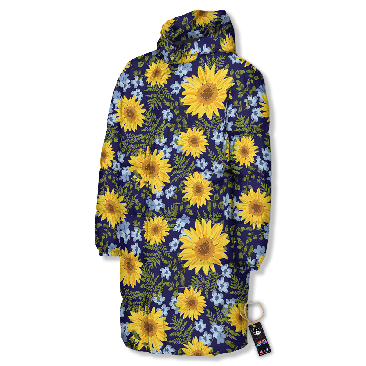 Yellow Sunflower Floral Print Long Down Jacket-grizzshop