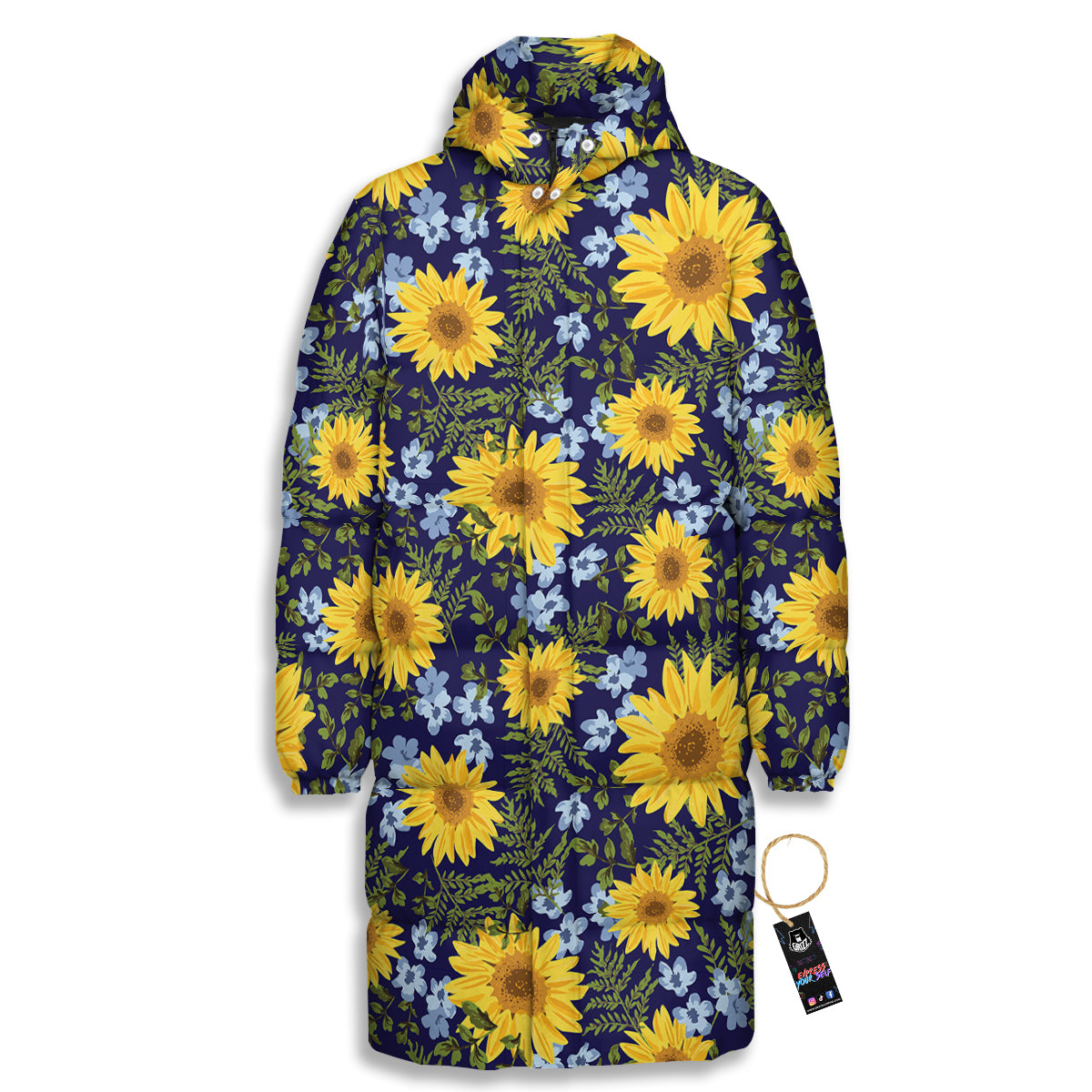 Yellow Sunflower Floral Print Long Down Jacket-grizzshop