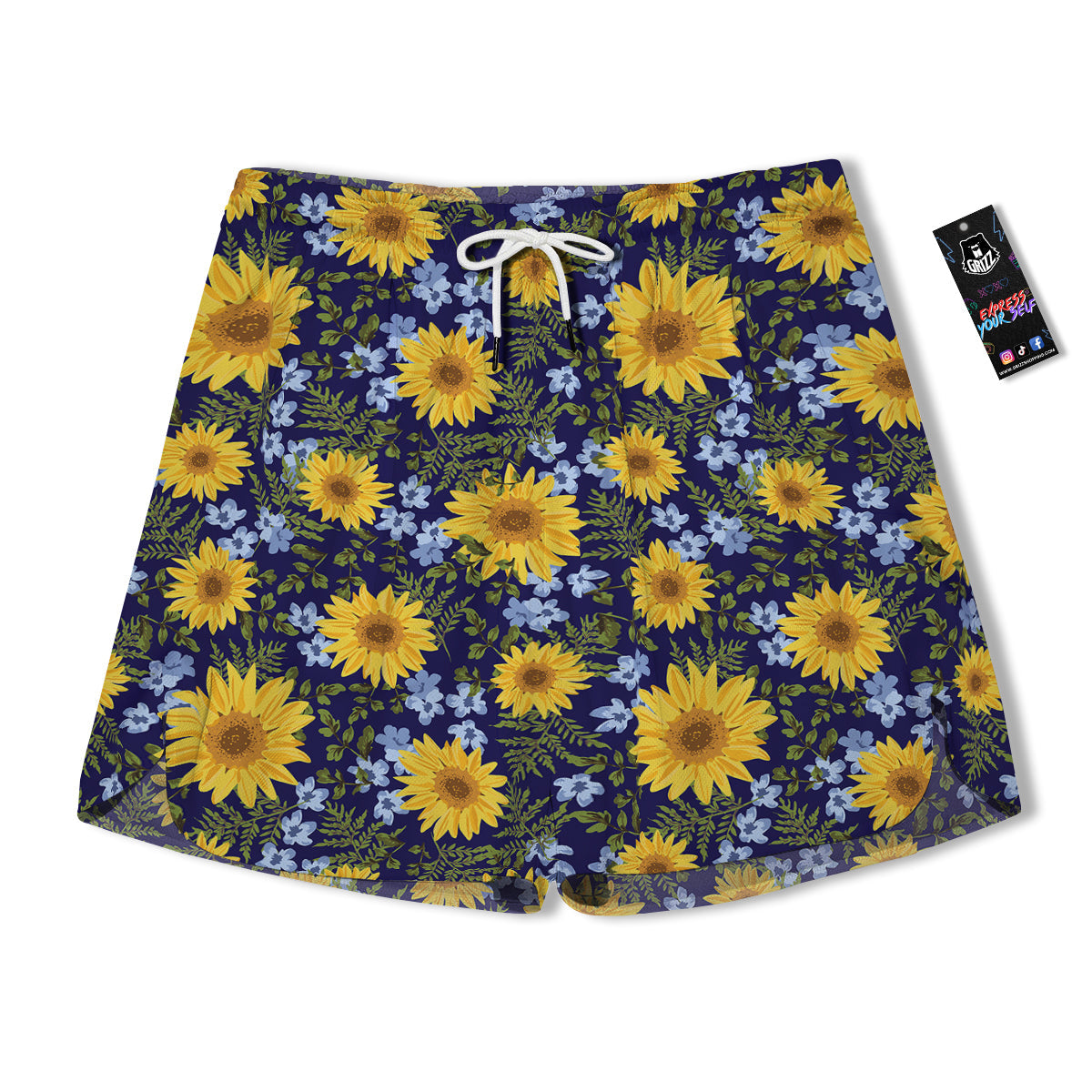 Yellow Sunflower Floral Print Men's Running Shorts-grizzshop