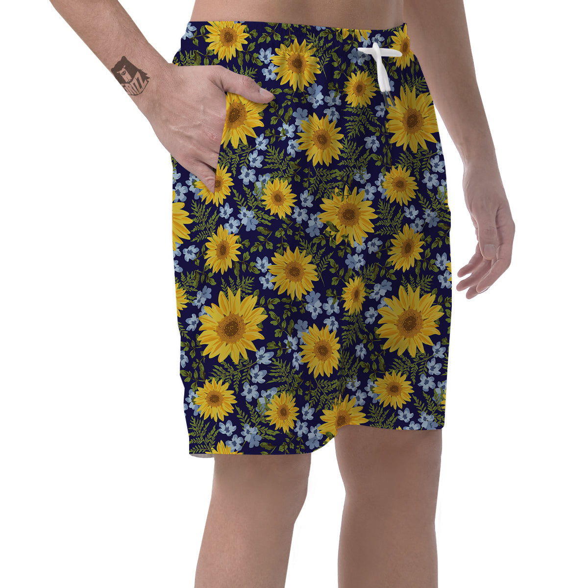 Yellow Sunflower Floral Print Men's Shorts-grizzshop