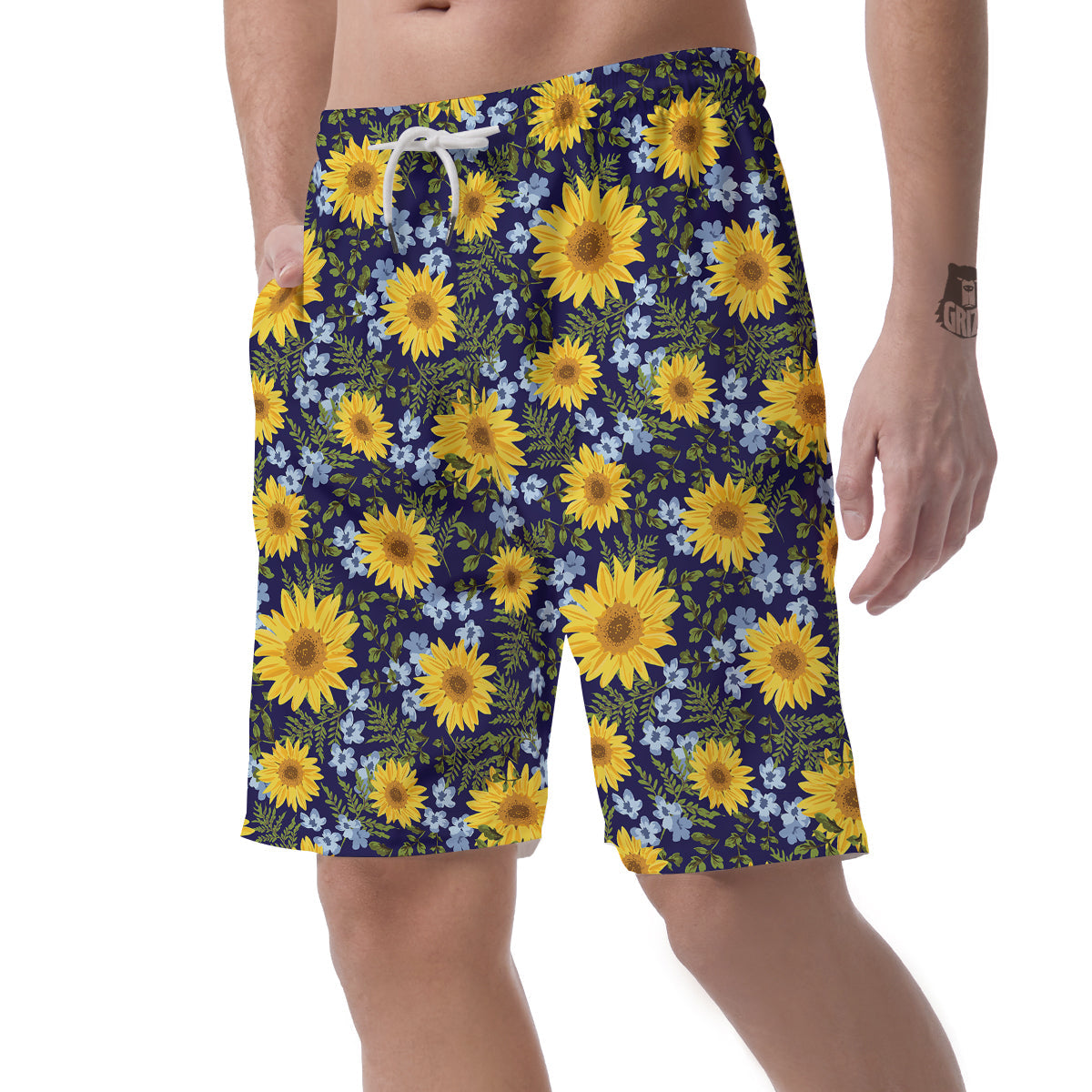 Yellow Sunflower Floral Print Men's Shorts-grizzshop