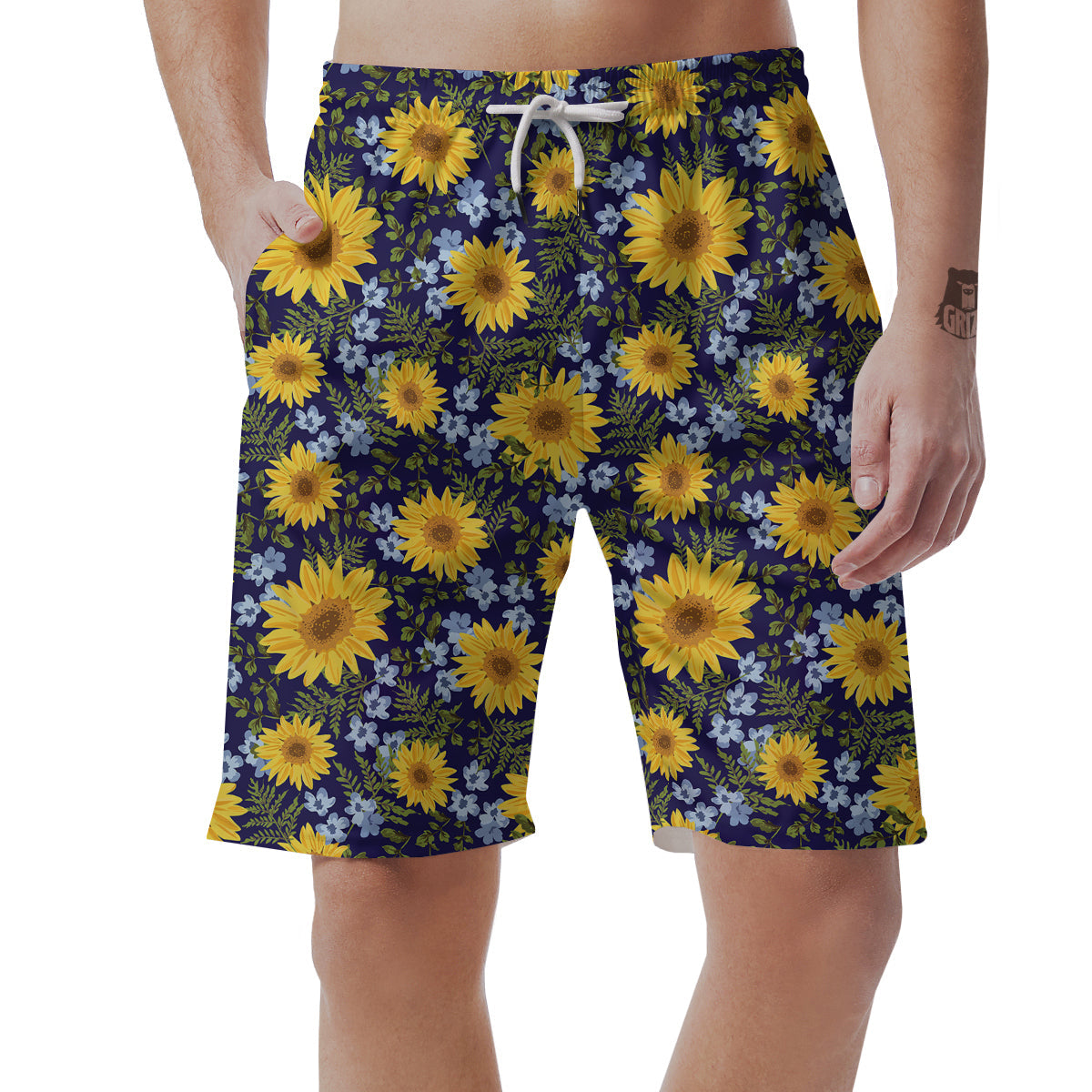Yellow Sunflower Floral Print Men's Shorts-grizzshop