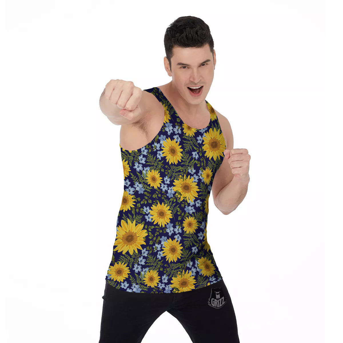 Yellow Sunflower Floral Print Men's Tank Top-grizzshop