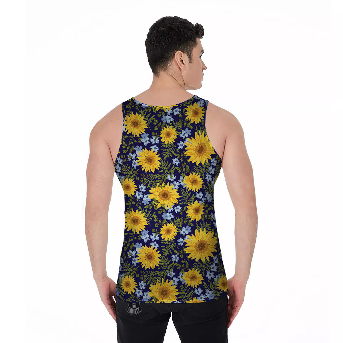 Yellow Sunflower Floral Print Men's Tank Top-grizzshop