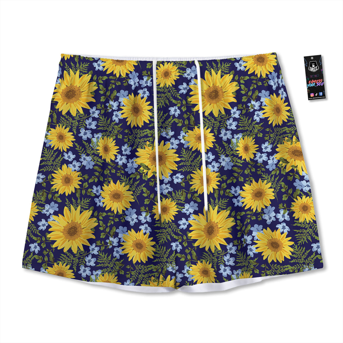 Yellow Sunflower Floral Print  Mesh Shorts