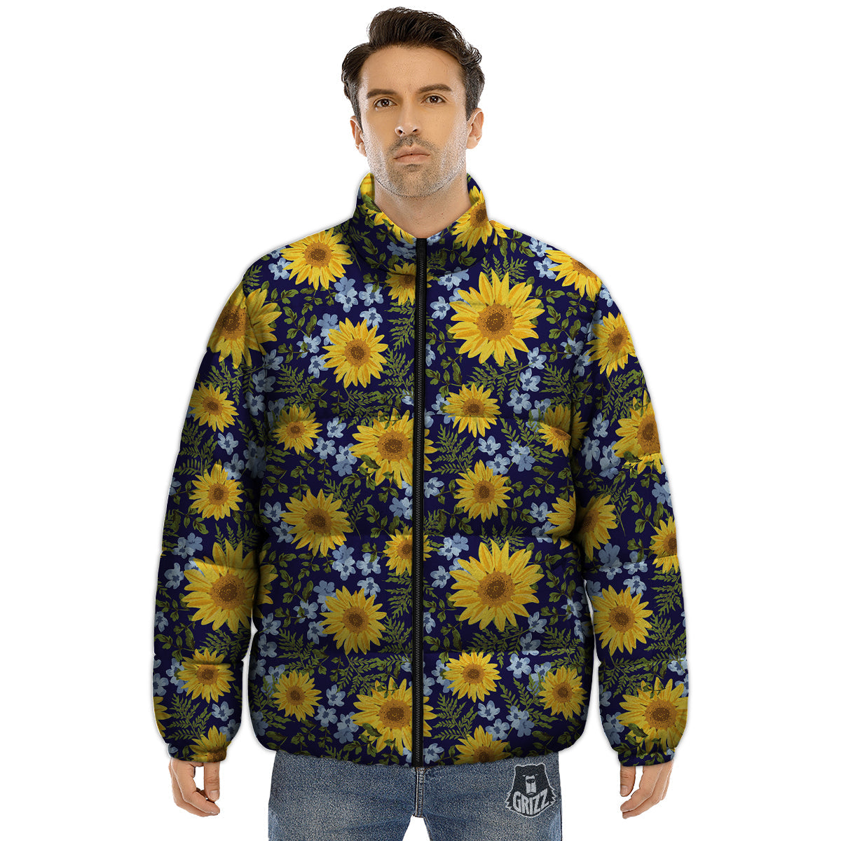Yellow Sunflower Floral Print Puffer Jacket-grizzshop
