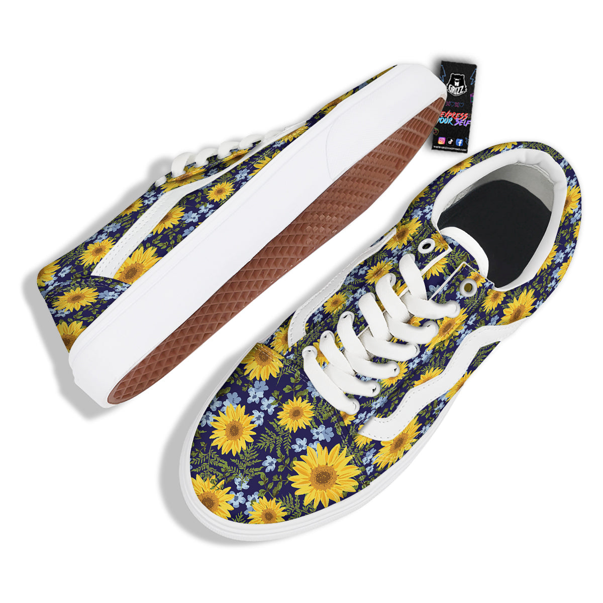 Yellow Sunflower Floral Print Skate Shoes-grizzshop