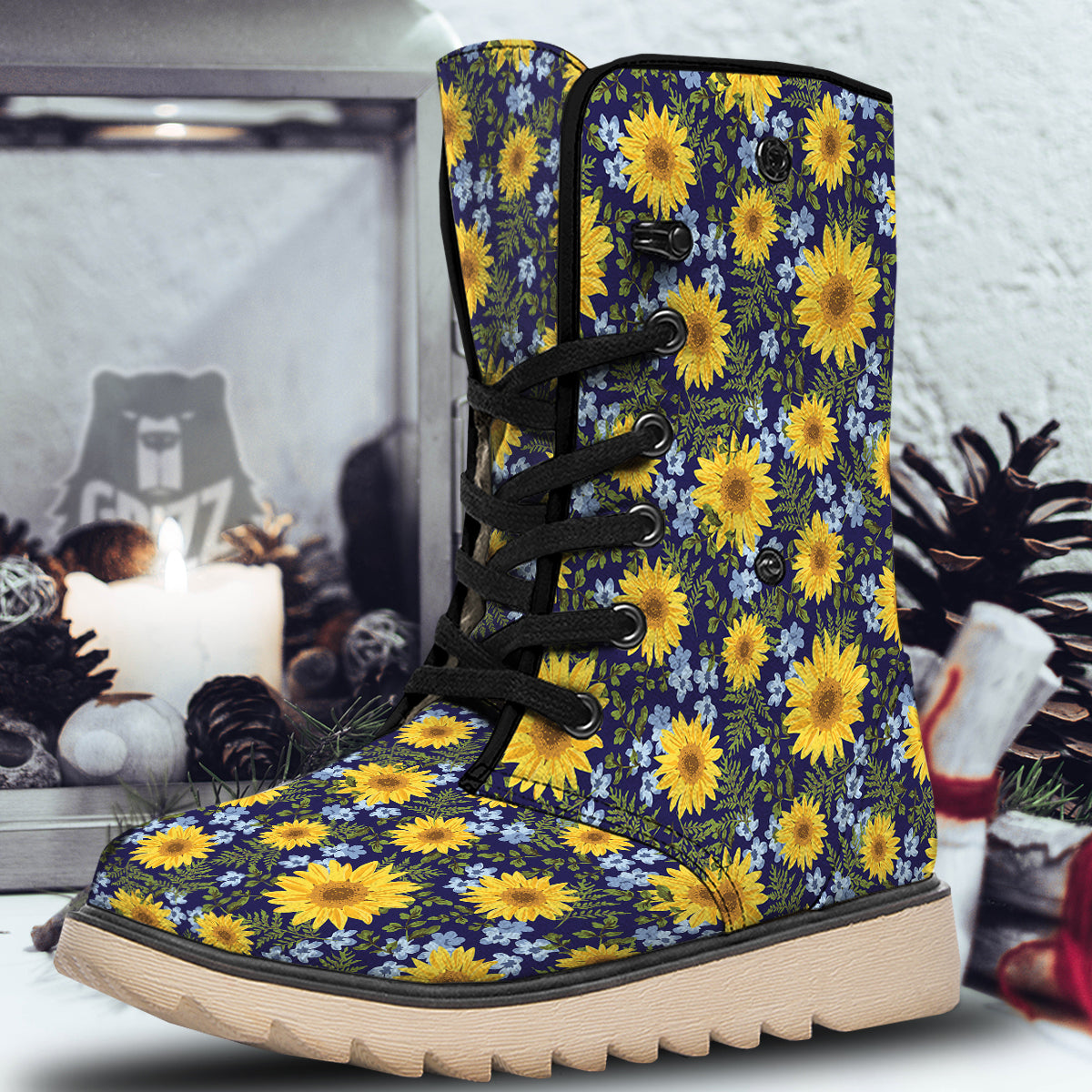 Yellow Sunflower Floral Print Snow Boots-grizzshop