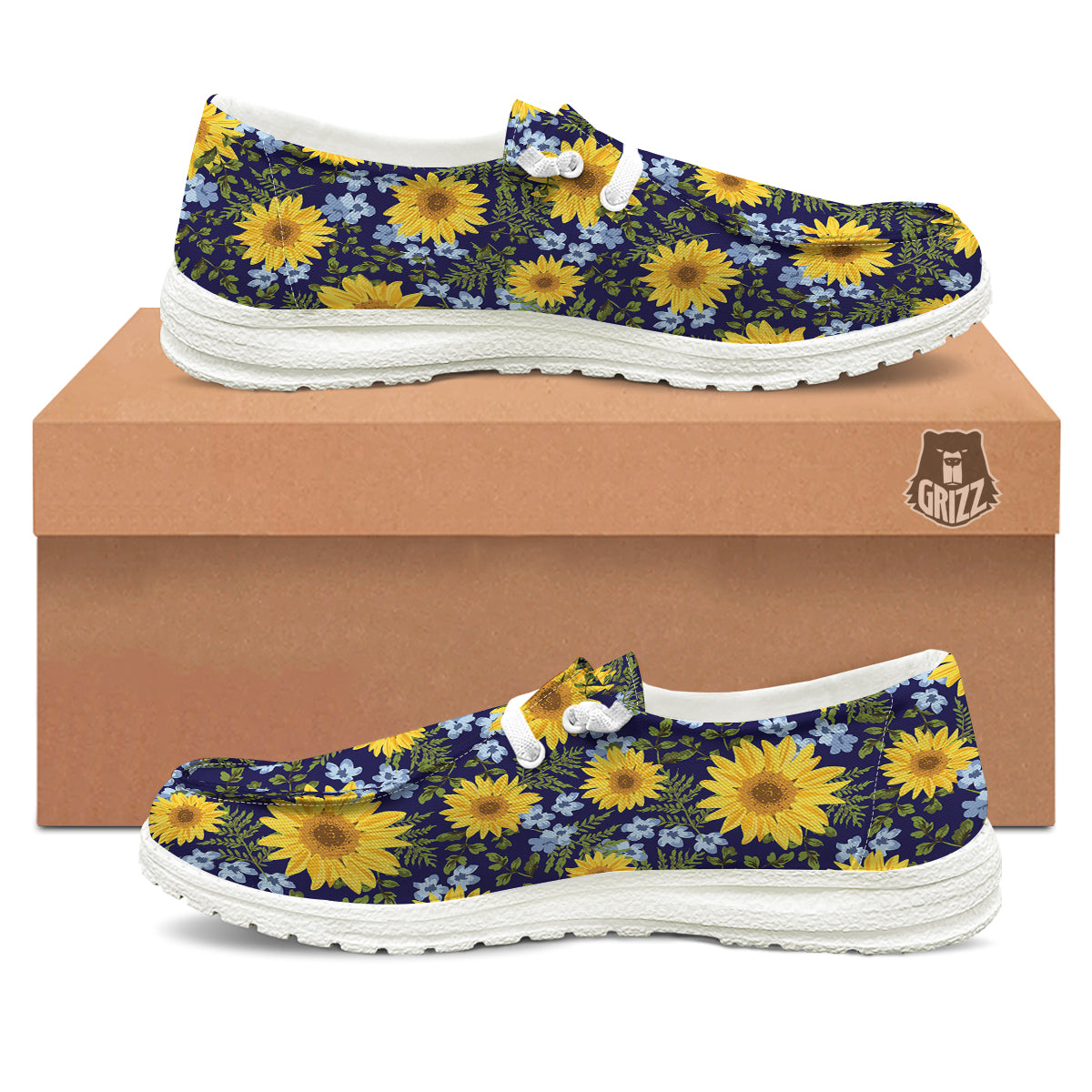 Yellow Sunflower Floral Print White Loafers-grizzshop