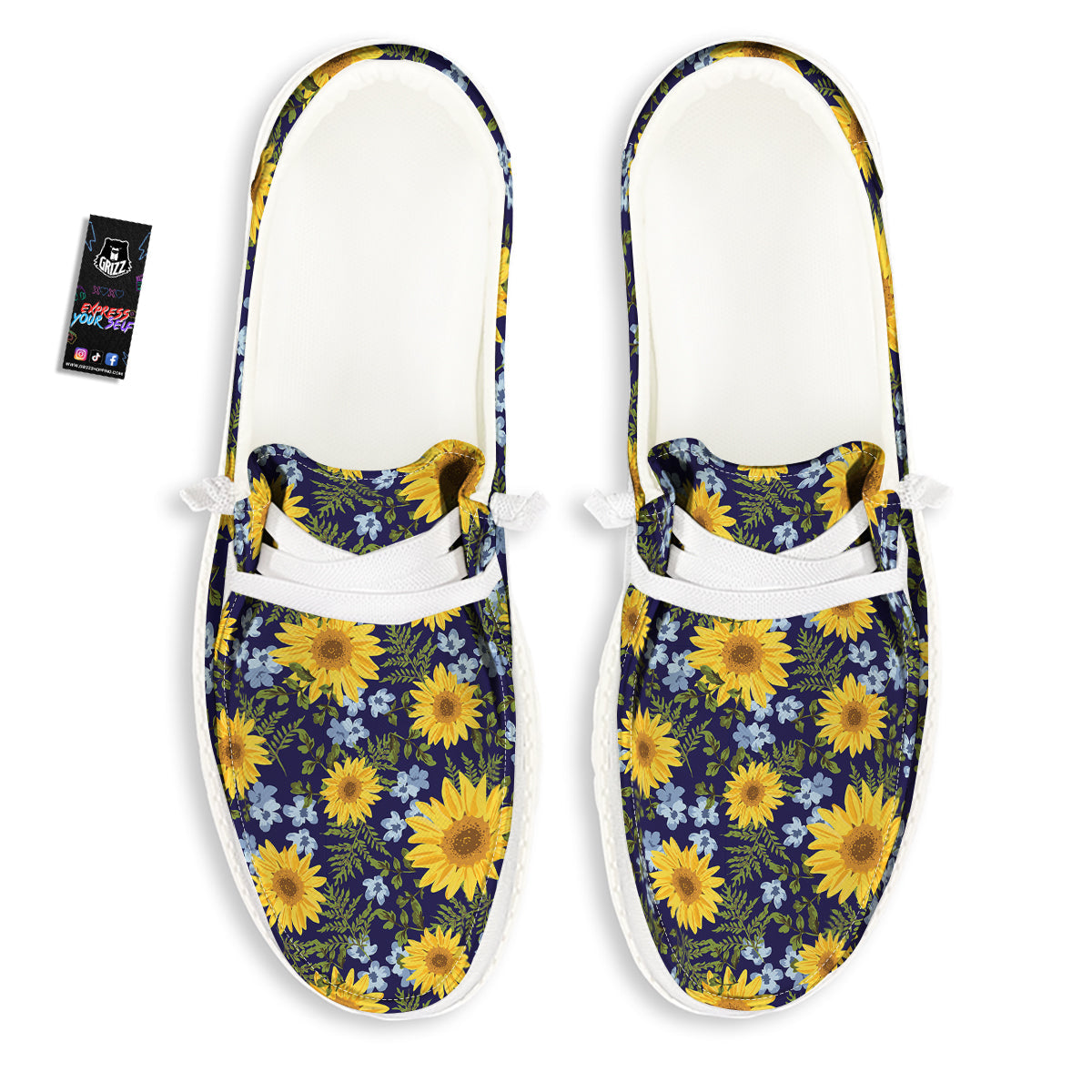 Yellow Sunflower Floral Print White Loafers-grizzshop