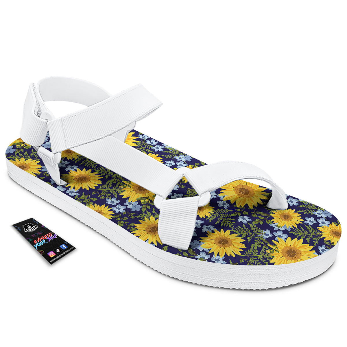 Yellow Sunflower Floral Print White Open Toe Sandals-grizzshop