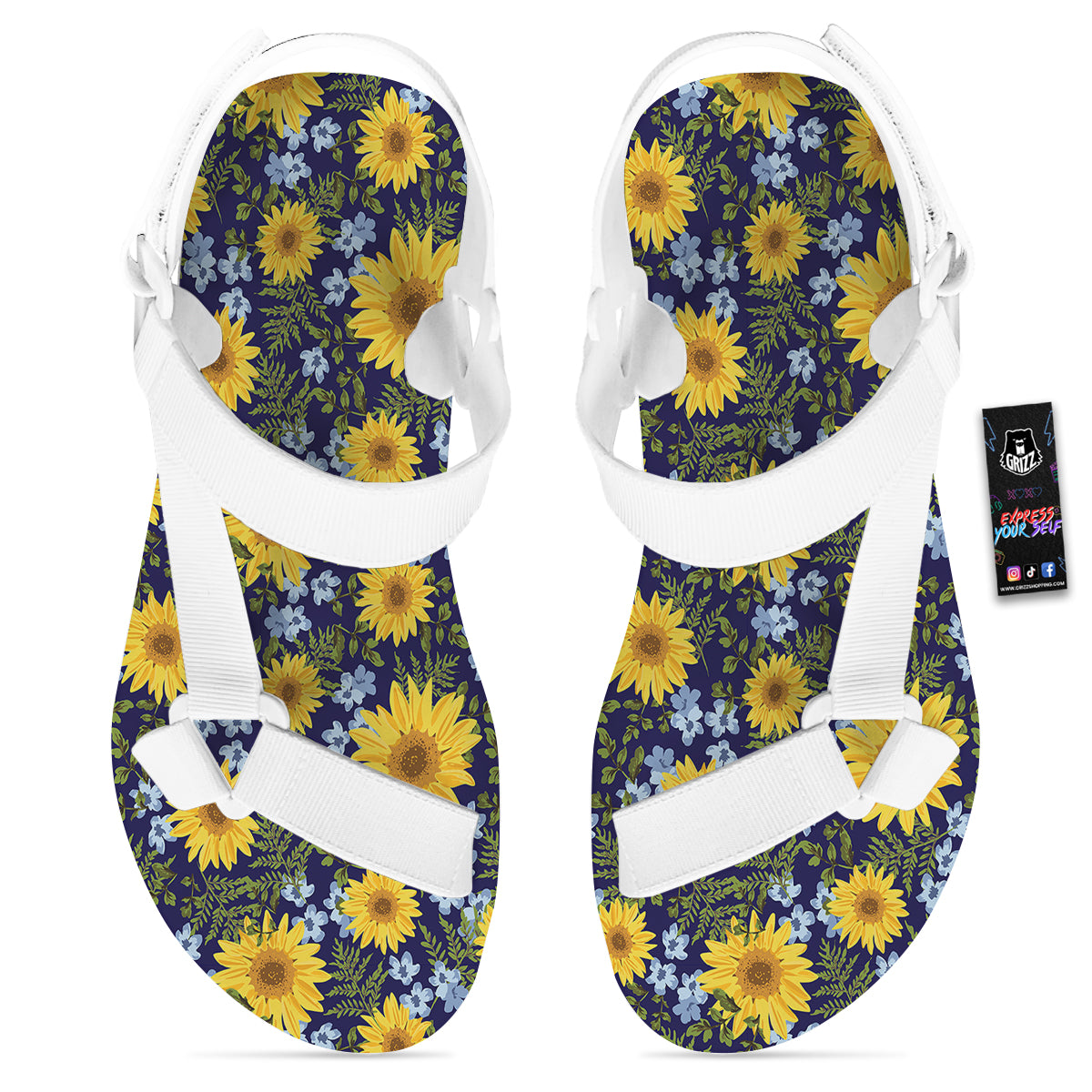 Yellow Sunflower Floral Print White Open Toe Sandals-grizzshop