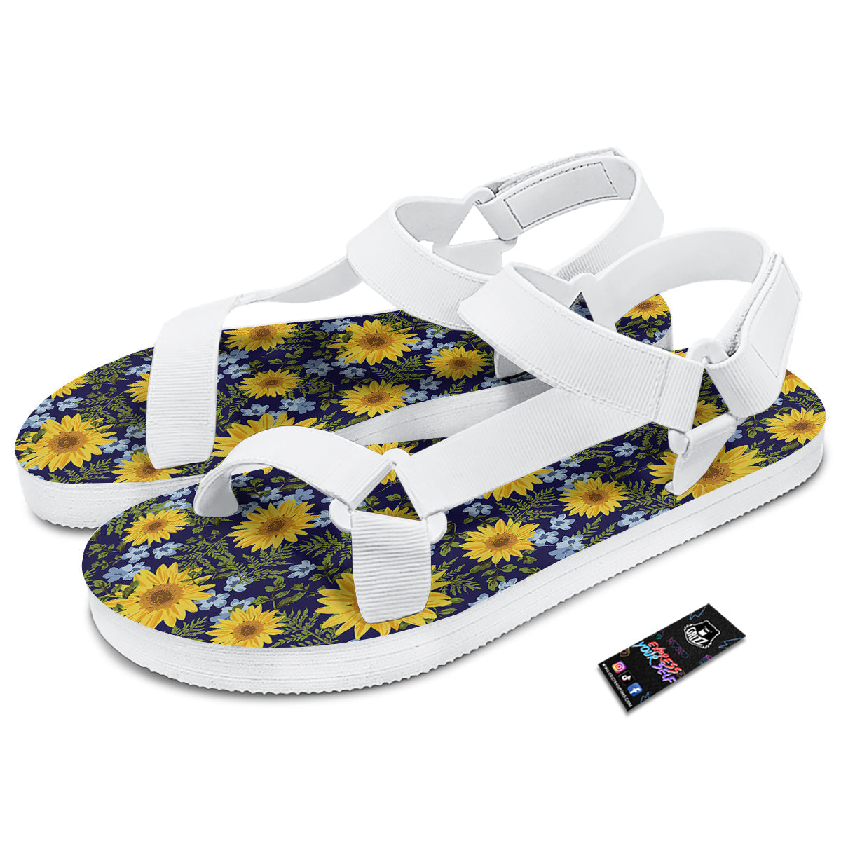 Yellow Sunflower Floral Print White Open Toe Sandals-grizzshop