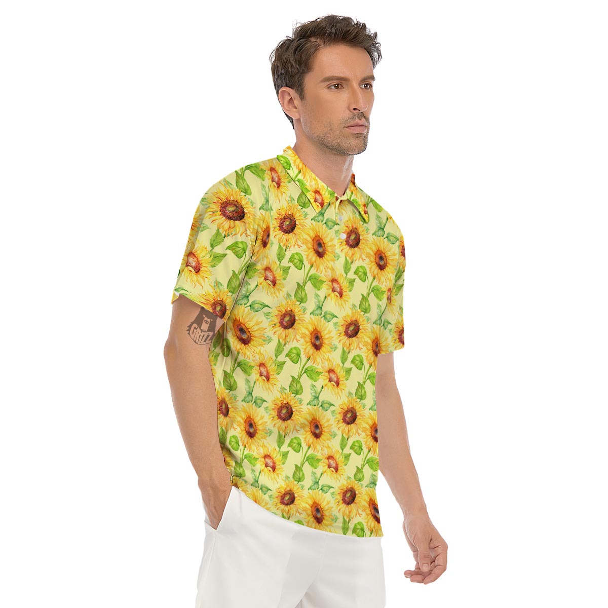 Yellow Sunflower Print Men's Golf Shirts-grizzshop